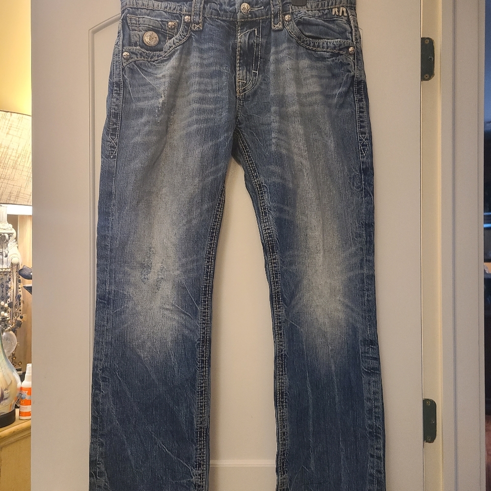 2 PAIR ROCK REVIVAL MEN'S JEANS, BLACK & DENIM